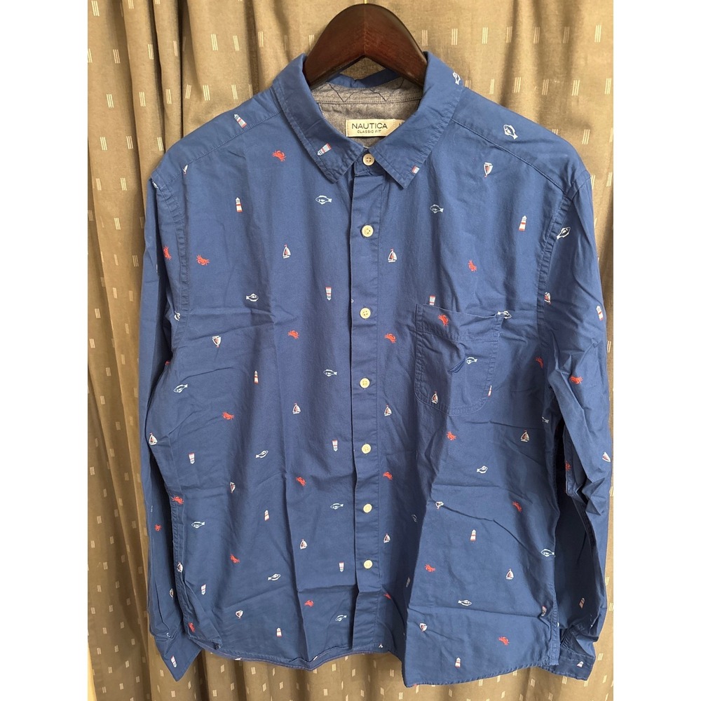 Nautica Mens Blue Nautical Print Button Down Shirt Classic Fit Large L Lighthous